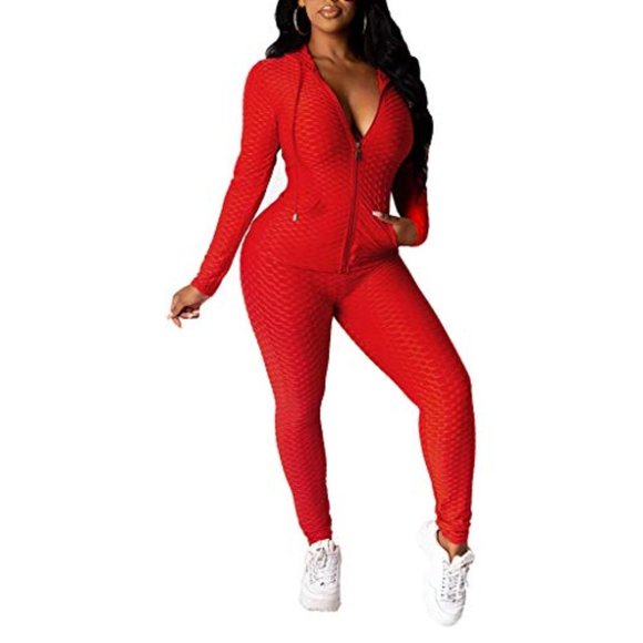 Red Long Sleeve Zipper Hoodie + scrunch leggings - Picture 2 of 5